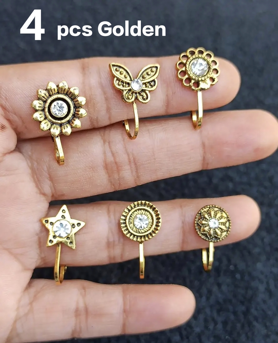 Set Of 4 Pieces Silver Oxidized Nose Pin Jewelry Nose Ring Jewelry For Piercing Non Piercing Nose Pin Jewelry Set Women Nose Jewelry Girls Nose Ring Jewelry Antique Nose Pin Jewelry Multiple Design Nose Stud Nose Pin Jewelry Traditional Nose - 4 Pcs Silver