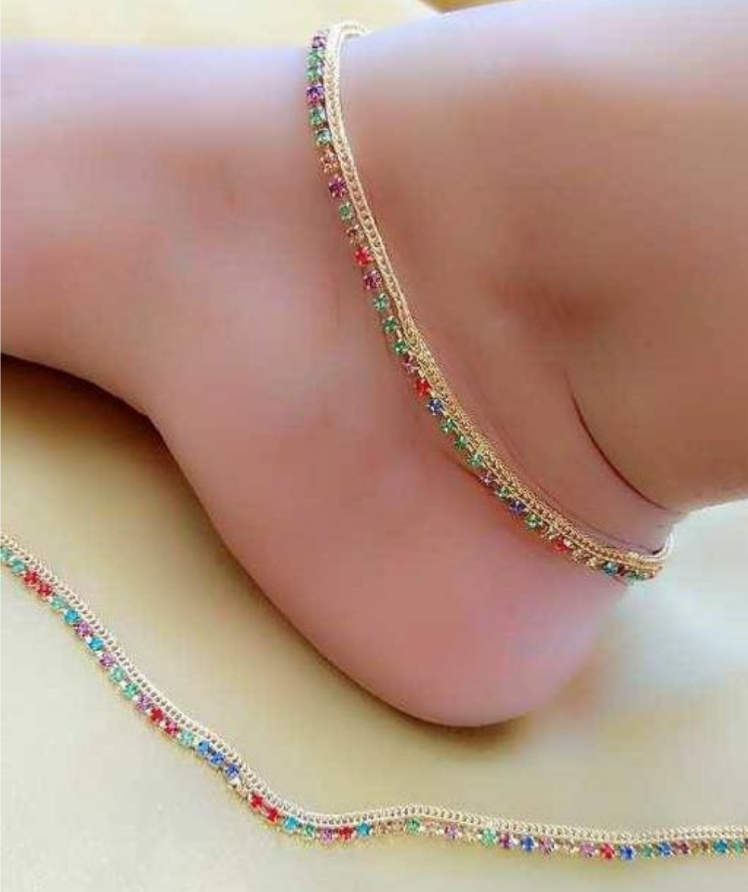 2 Pieces Embedded Stones Anklets Golden Silver Multi Color Payal Pazeb Stylish Anklets For Women Girls Traditional Jewelry Party Wear Style Fashion Accessories Shiny Crystal Anklet Set For Feet Ethnic Foot Jewelry