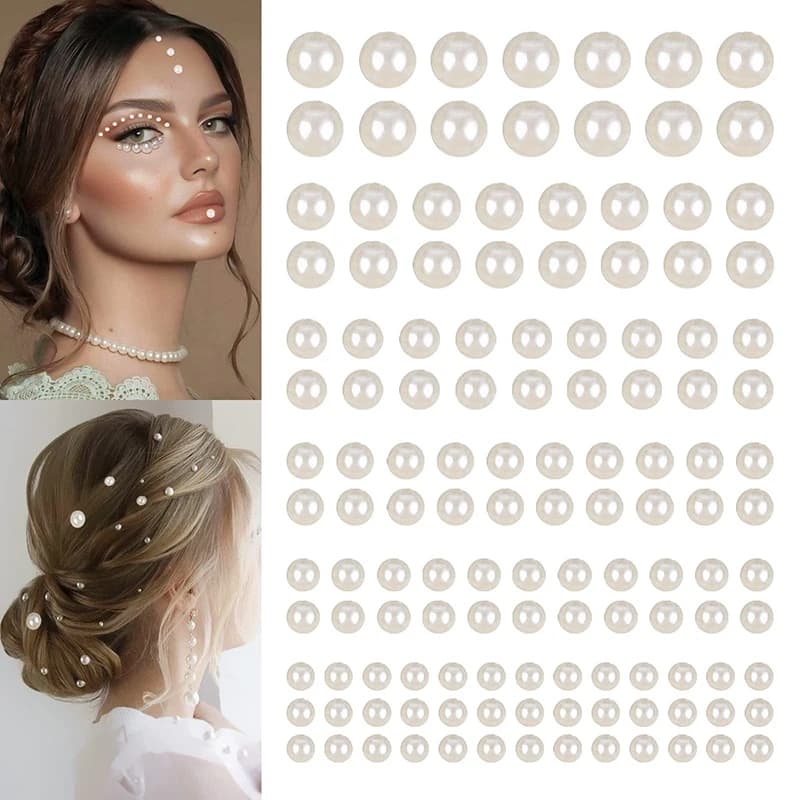 Hair Pearl Stickers For Girls Stylish Hair Styling Accessories Self Adhesive White Pearls For Hair Decoration Simple To Use Long Lasting Bridal Party Look Modern Stylish Hair Jewels For Events Festive Hairstyles Elegant Glam Look - Off-white