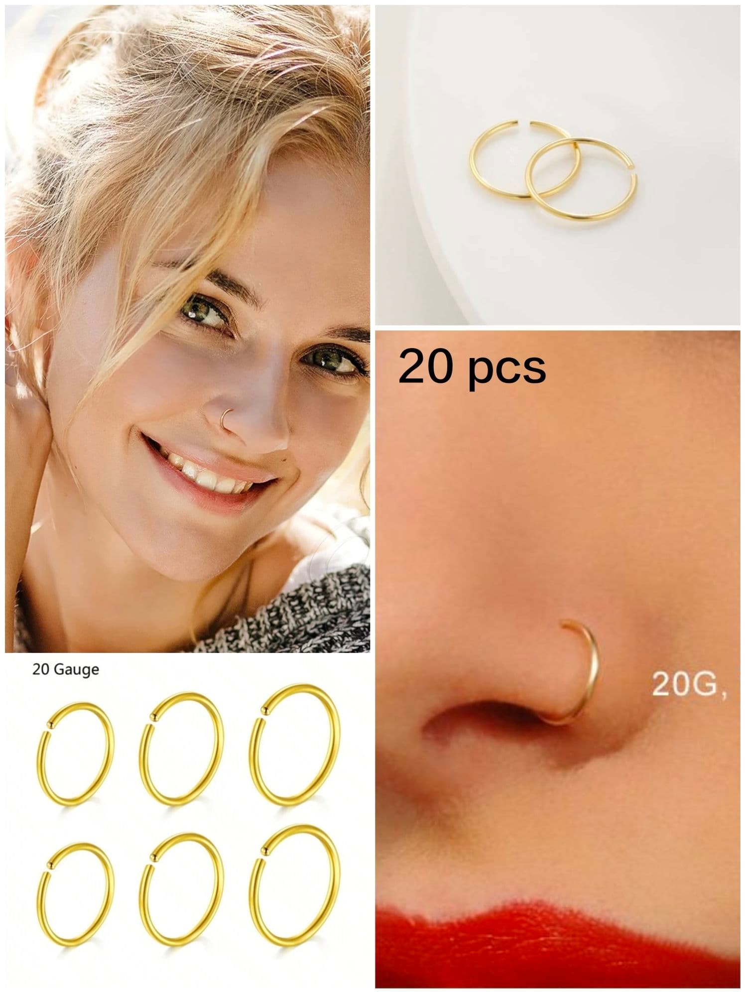20 Pieces Nose Ring Jewelrys Golden Silver Long Naak Ka Koka Naak Ki Bali Nath Nathli Nathni For Piercing And Non Piercing Women Girls Multi Style Nose Jewelry Value Pack Modern Stylish Festival Gift Long Nath Nathli Nathni Nose Pin Jewelry - 8mm Golden Nose Ring