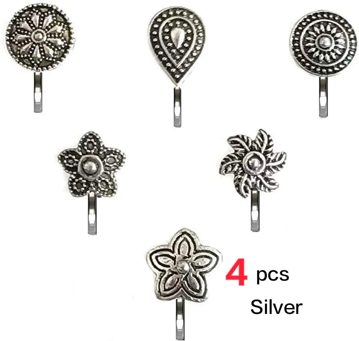 3 Pieces Golden Oxidized Nose Pin Jewelry 3 Pieces Silver Oxidized Nose Ring Jewelry For Piercing And Non Piercing Nose Pin Jewelrys For Girls And Women Traditional Nose Jewelry Stylish Nose Stud Set Fancy Nose Pin Jewelry Oxidized Nose Ring - 4 pcs Silver