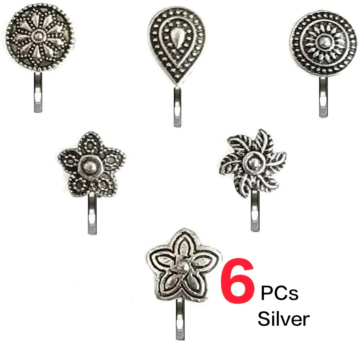 3 Pieces Golden Oxidized Nose Pin Jewelry 3 Pieces Silver Oxidized Nose Ring Jewelry For Piercing And Non Piercing Nose Pin Jewelrys For Girls And Women Traditional Nose Jewelry Stylish Nose Stud Set Fancy Nose Pin Jewelry Oxidized Nose Ring - 4 pcs Silver