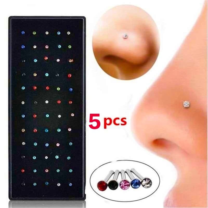 5 Pieces Nose Pin Jewelry Stainless Steel Nose Pin Jewelry Silver and Multi Color Nose Ring Jewelry for Piercing and None Piercing 1mm 2mm Stone Sterilize Nose Pin Jewelry Daily Party Wear Nose Jewelry Accessory - Multicolor