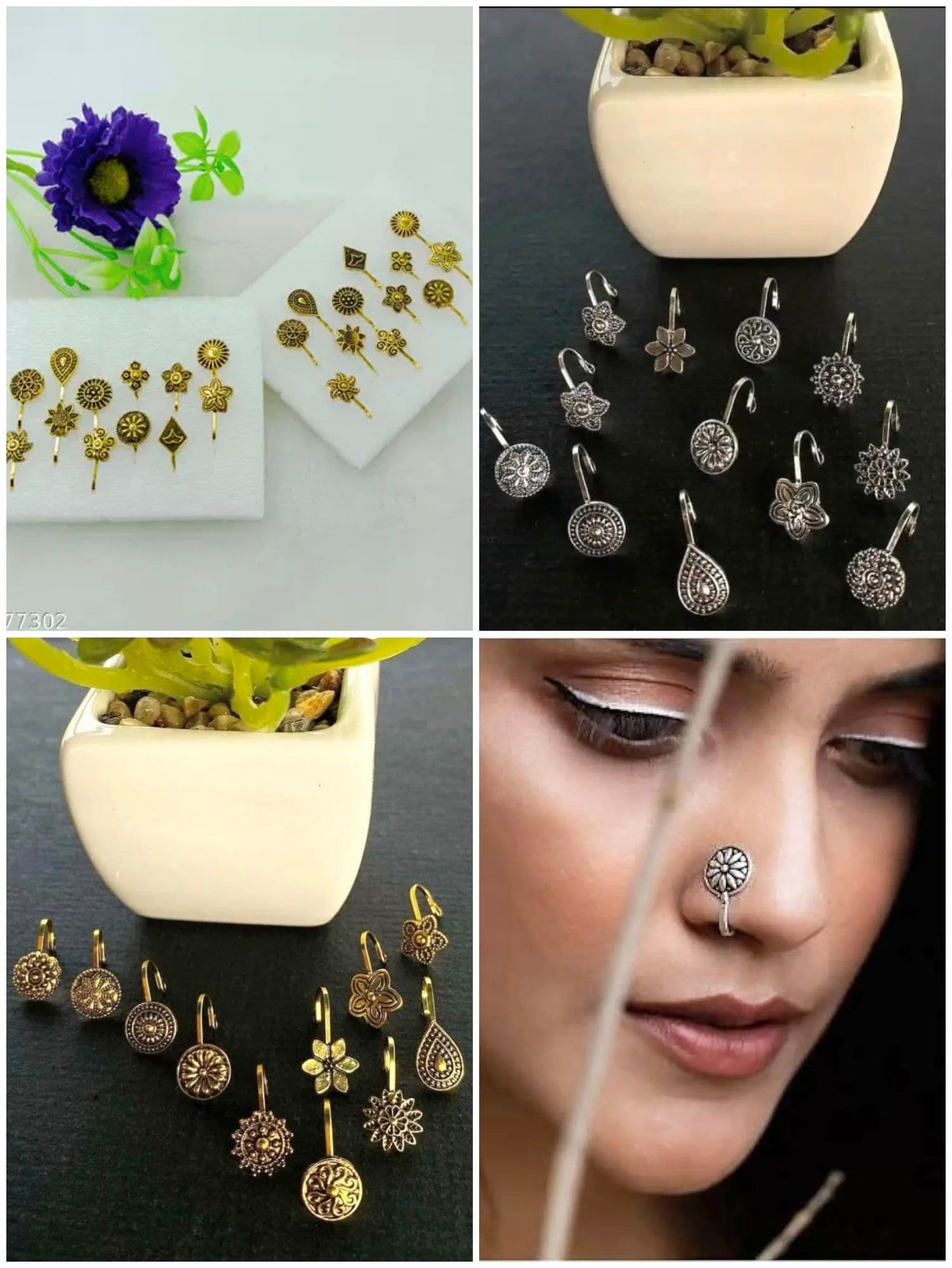 6 Pieces Nose Pin Jewelry Set Golden Silver Tone Oxidized Nose Ring Jewelry for Women Nose Cuff for Pierced and Non Pierced Nose Stylish Nose Pin Jewelrys Fashion Jewelry Nose Studs Combo Ethnic Traditional Nose Ring Jewelrys Daily Wear Nose - 3 Golden 3 Silver