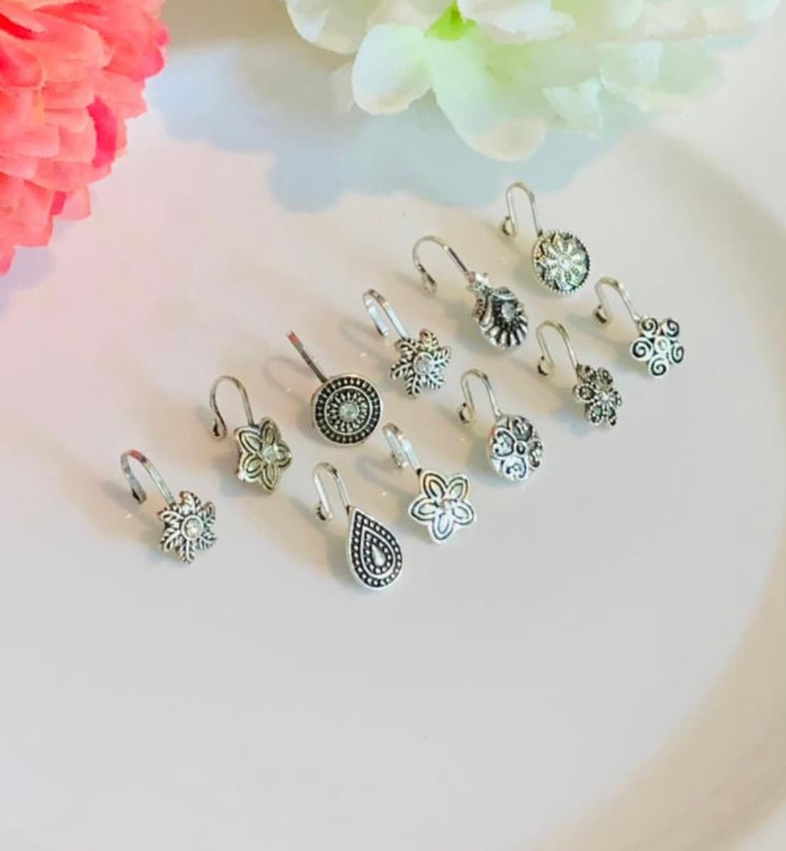6 Pieces Oxidized Nose Ring Jewelry Nose Pin Jewelry Multiple Design Fake Nose Pin Jewelry Golden And Silver Tone Stainless Steel Nose Jewelry For Girls And Women Non Piercing And Piercing Use - 4 Pcs Silver