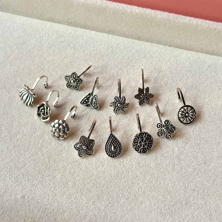 6 Pieces Oxidized Nose Ring Jewelry Nose Pin Jewelry Multiple Design Fake Nose Pin Jewelry Golden And Silver Tone Stainless Steel Nose Jewelry For Girls And Women Non Piercing And Piercing Use - 4 Pcs Silver