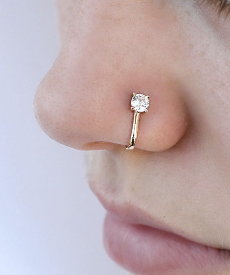 Zarkoon New Horizons Single Stone Stainless Steel Nose Ring Jewelry Nose Pin Jewelry Zarkoon Silver And Golden Embedded Stone Stylish Non Piercing Nose Stud Elegant Fashion Jewelry For Girls And Women